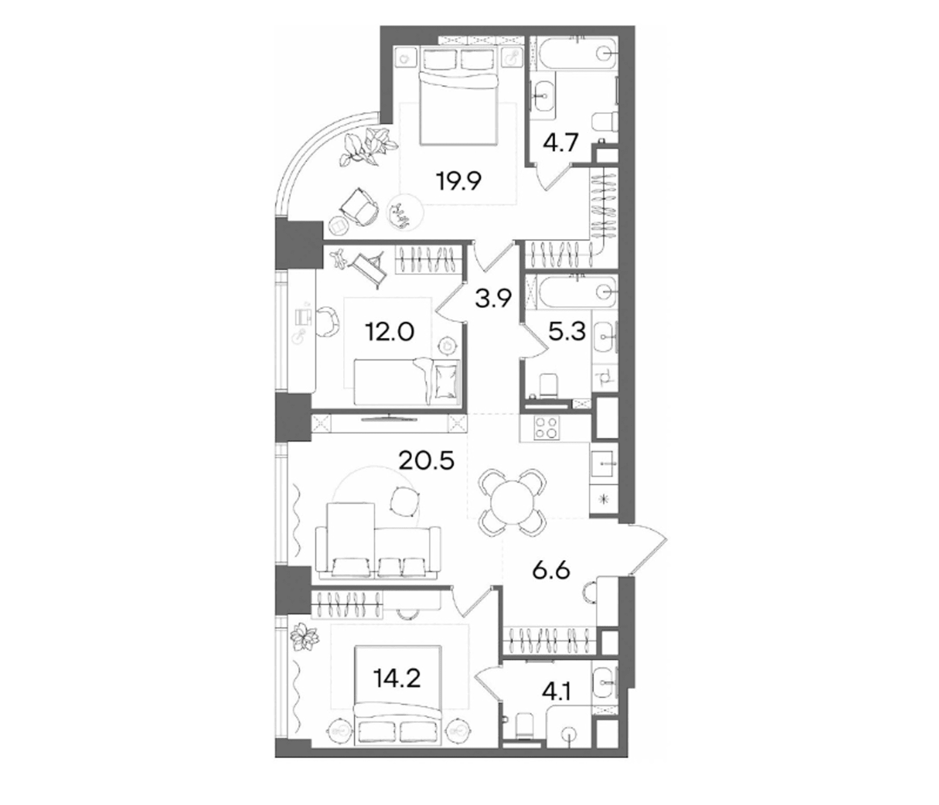 Планировка: Квартира евро-4 91,2 м² в ЖК «СТОУН Блик»