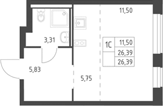 Планировка: Студия 26,4 м² в ЖК «Горки Парк»