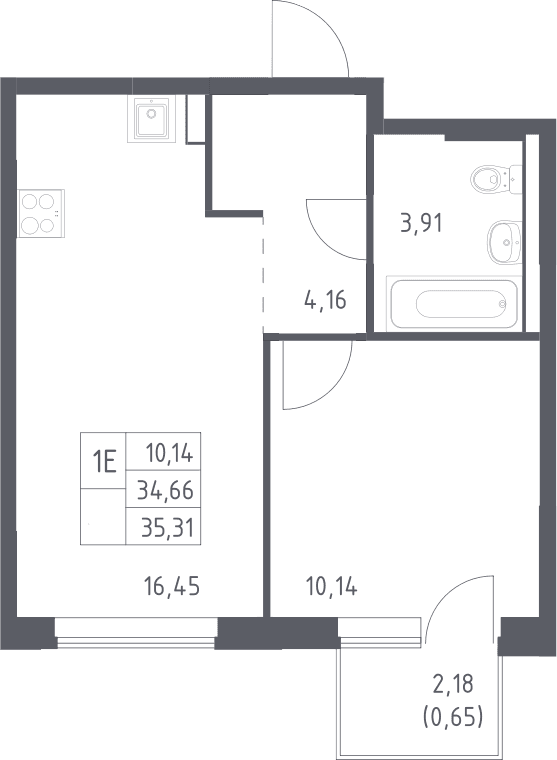 Планировка: Евродвушка 34,7 м² в ЖК «Рублевский квартал»