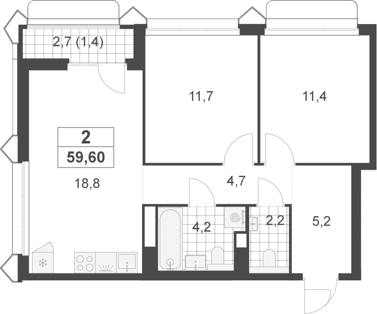 Планировка: Евротрёшка 58,2 м² в ЖК «Деснаречье»