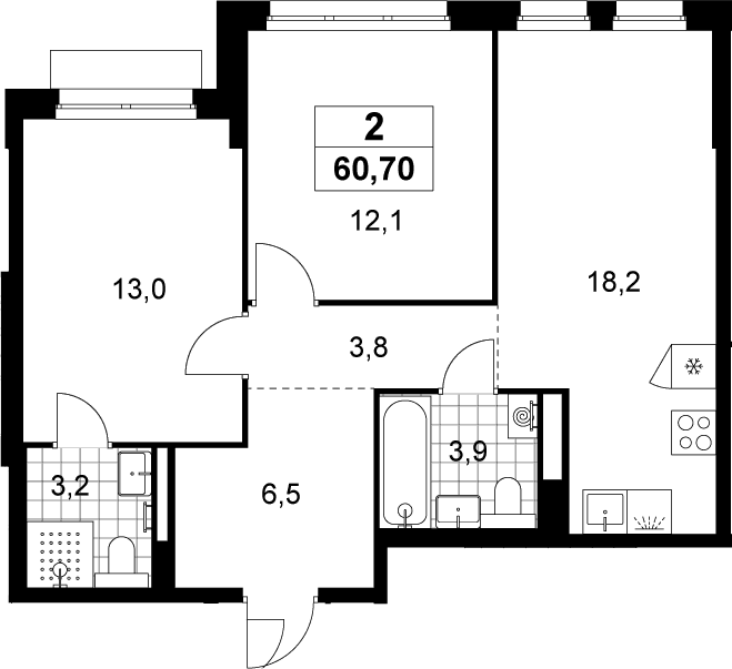 Планировка: Евротрёшка 60,7 м² в ЖК «Деснаречье»