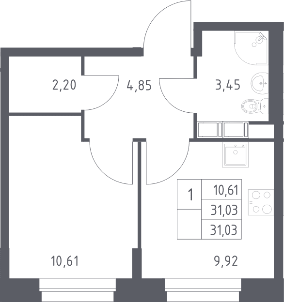Планировка: 1-комнатная квартира 31 м² в ЖК «ЭкоБунино»