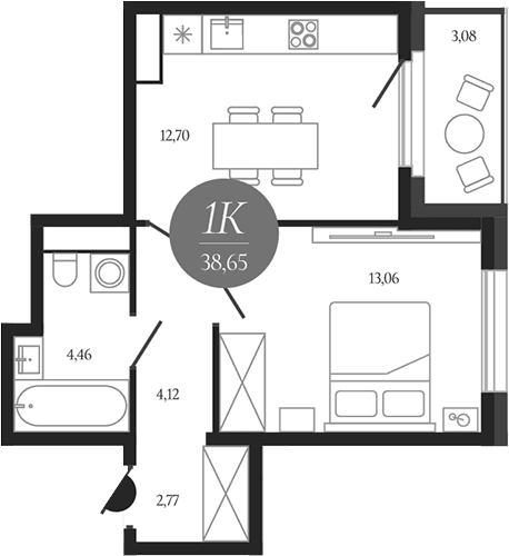 Планировка: 1-комнатная квартира 37,1 м² в ЖК «Сердце Лыткарино»