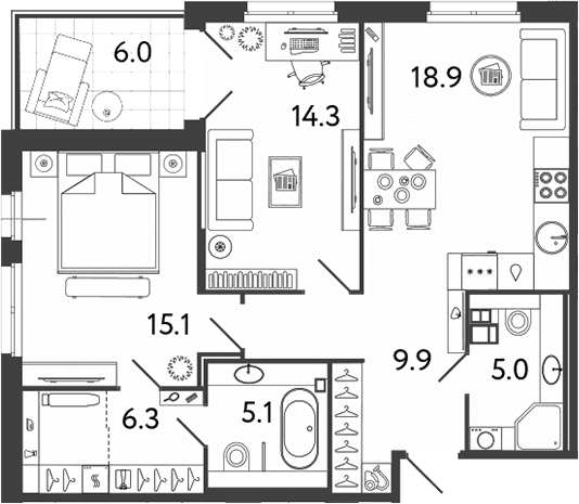 Планировка: Евротрёшка 74,6 м² в ЖК «Репин»
