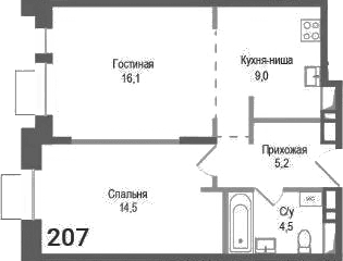 Планировка: Евродвушка 49,3 м² в ЖК «Киноквартал»