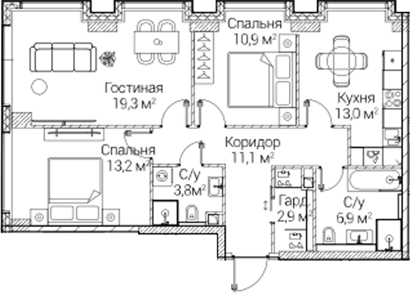 Планировка: 3-комнатная квартира 81,1 м² в ЖК «СЕЗАР БУДУЩЕЕ»