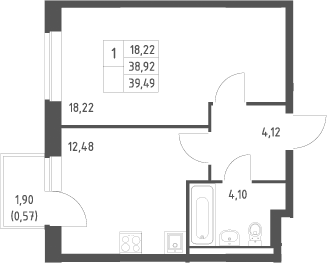 Планировка: 1-комнатная квартира 38,9 м² в ЖК «Новое Видное»