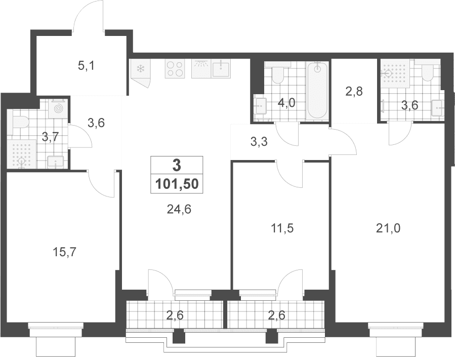 Планировка: Квартира евро-4 98,9 м² в ЖК «Деснаречье»