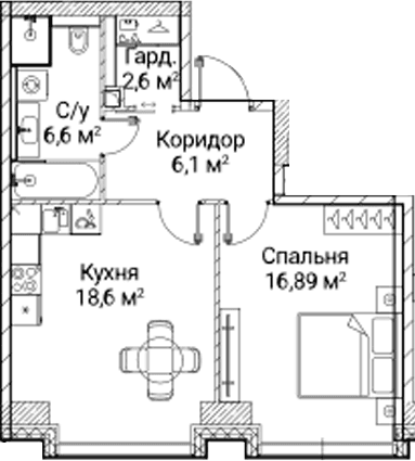 Планировка: 1-комнатная квартира 50,8 м² в ЖК «СЕЗАР БУДУЩЕЕ»