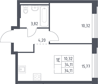 Планировка: Евродвушка 34,1 м² в ЖК «Рублевский квартал»