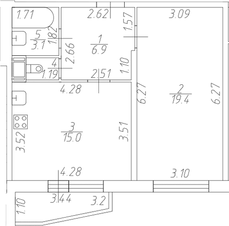 Планировка: Евродвушка 45,4 м² в ЖК «Тандем»
