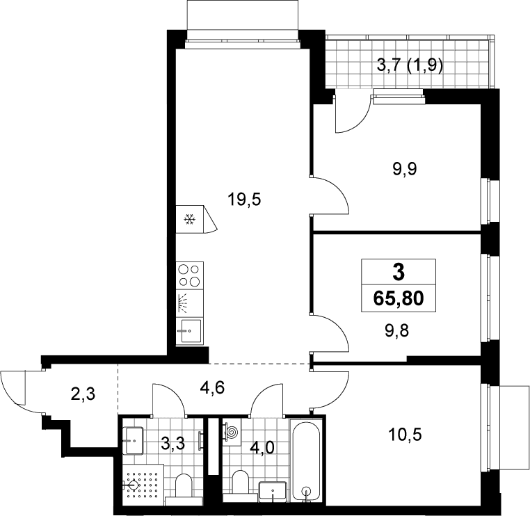Планировка: Квартира евро-4 63,9 м² в ЖК «Деснаречье»