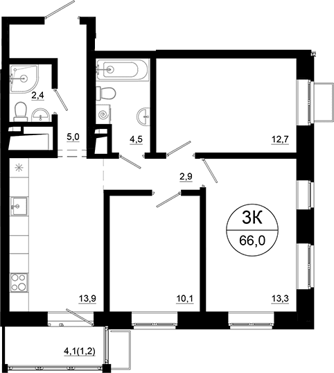 Планировка: 3-комнатная квартира 64,8 м² в ЖК «Союзный»