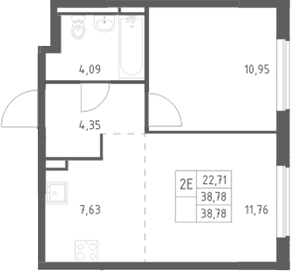 Планировка: Евродвушка 38,8 м² в ЖК «Мытищи Парк»