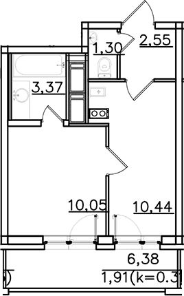 Планировка: 1-комнатная квартира 27,7 м² в ЖК «ИСКРА-Сити»