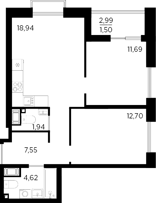 Планировка: Евротрёшка 57,4 м² в ЖК «Респект»