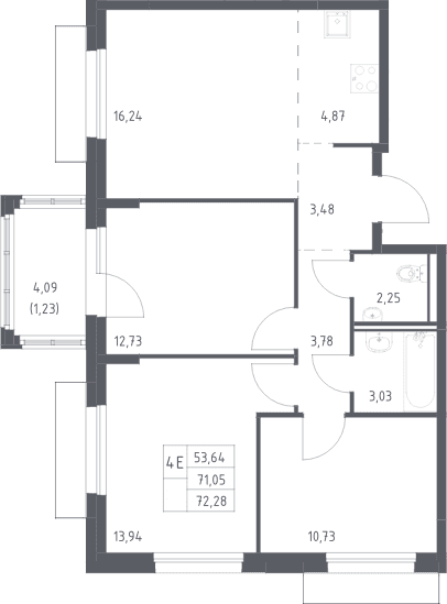 Планировка: Квартира евро-4 71,1 м² в ЖК «Прибрежный Парк»