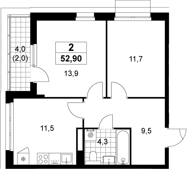 Планировка: 2-комнатная квартира 50,9 м² в ЖК «Деснаречье»
