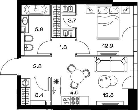 Планировка: Евродвушка 48,7 м² в ЖК «SHIFT»