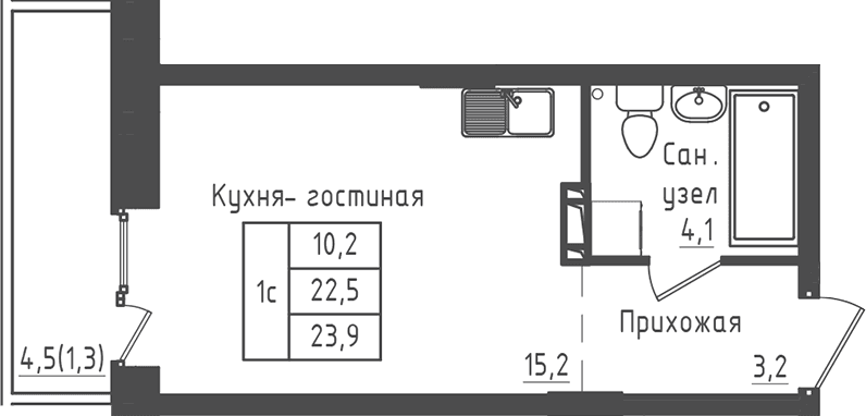 Планировка: Студия 22,5 м² в ЖК «Зеленый город»