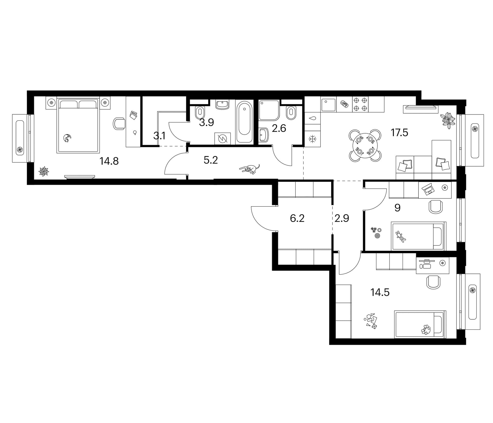 Планировка: 3-комнатная квартира 79,7 м² в ЖК «Зеленый парк»