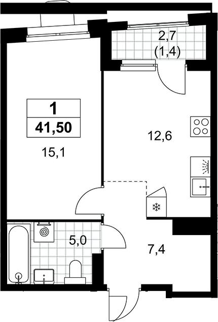 Планировка: 1-комнатная квартира 40,1 м² в ЖК «Прокшино»