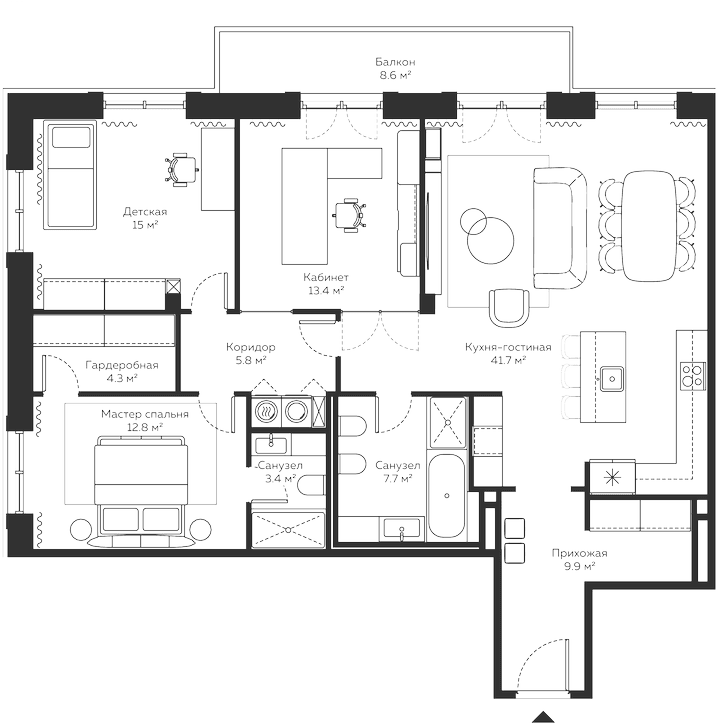 Планировка: Квартира евро-4 125,3 м² в ЖК «River Residences»