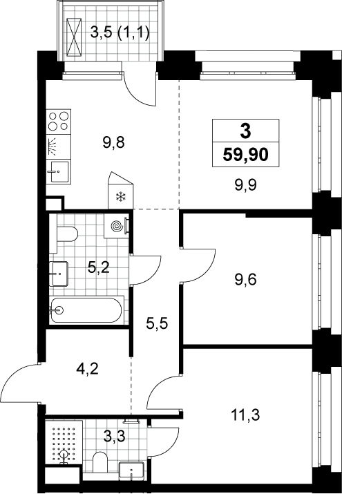 Планировка: Евротрёшка 58,8 м² в ЖК «Хольм»