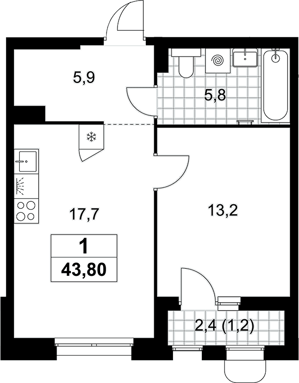 Планировка: Евродвушка 42,6 м² в ЖК «Прокшино»
