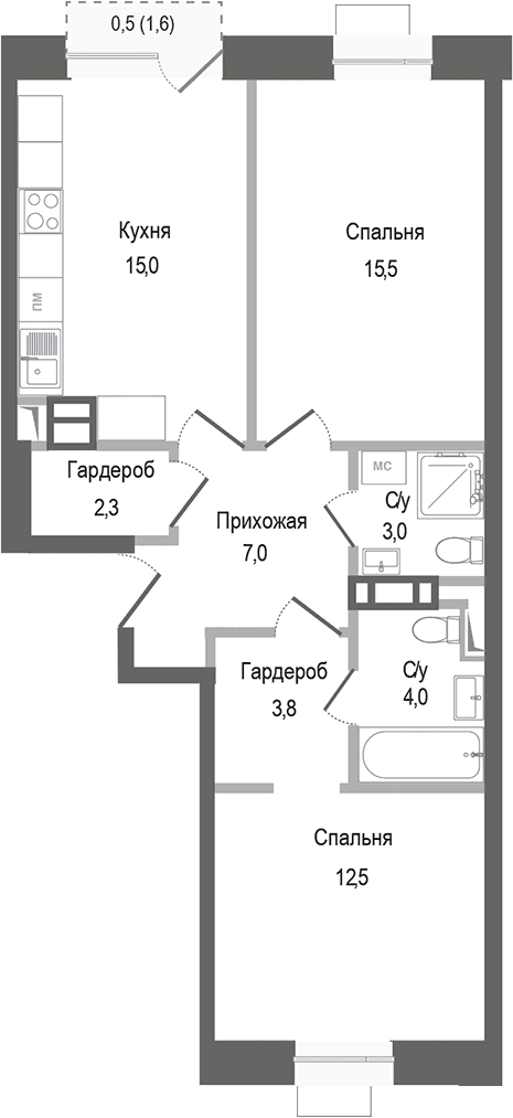 Планировка: 2-комнатная квартира 63,1 м² в ЖК «Киноквартал»