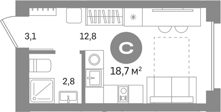 Планировка: Студия 18,7 м² в ЖК «Первый квартал. Вторая очередь»
