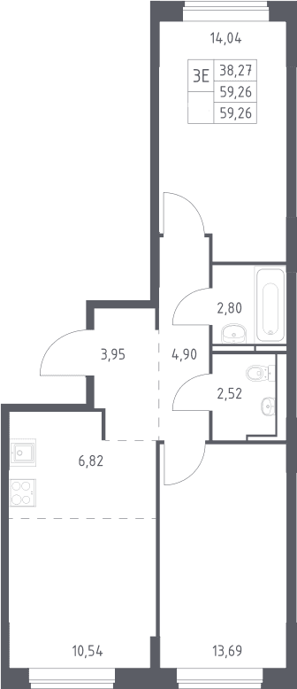 Планировка: Евротрёшка 59,3 м² в ЖК «Богдановский лес»