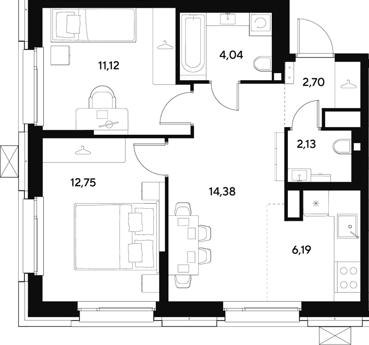 Планировка: Евротрёшка 53,3 м² в ЖК «ЭВО»