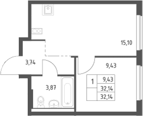 Планировка: Евродвушка 32,1 м² в ЖК «Большое Юрлово»