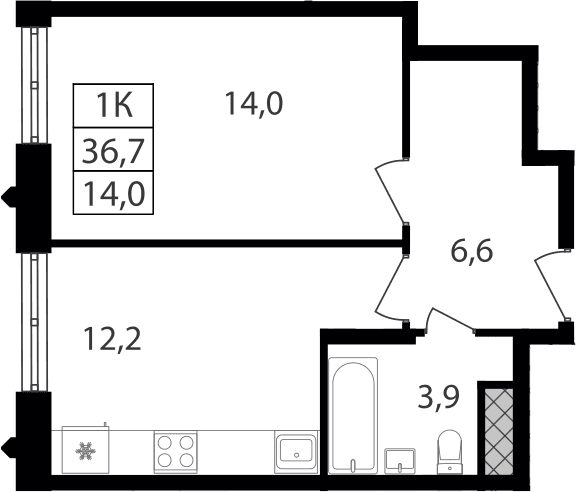 Планировка: 1-комнатная квартира 36,7 м² в ЖК «Варшавские ворота»