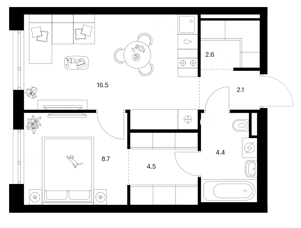Планировка: 1-комнатная квартира 38,8 м² в ЖК «Зеленый парк»
