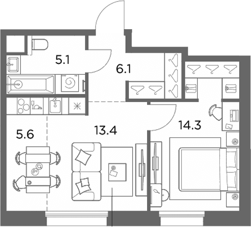 Планировка: 1-комнатная квартира 44,5 м² в ЖК «Станиславский»