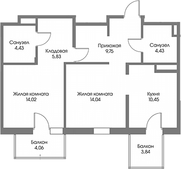 Планировка: 2-комнатная квартира 63 м² в ЖК «Рощино Резиденс»