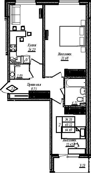 Планировка: 2-комнатная квартира 63,1 м² в ЖК «АРО»
