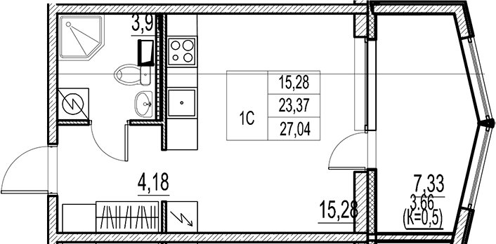 Планировка: Студия 23,4 м² в ЖК «Город-спутник Южный»