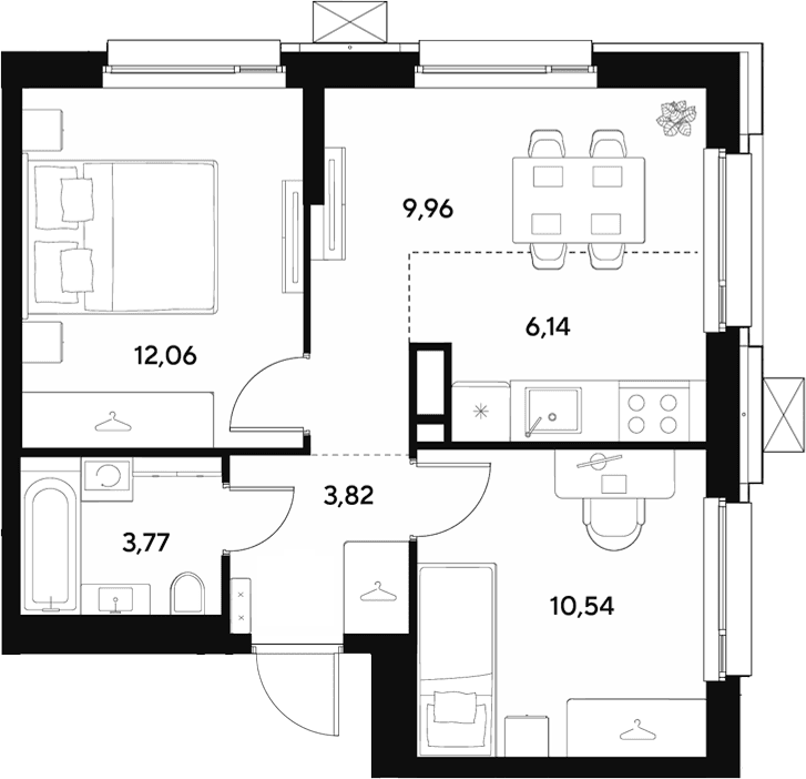 Планировка: Евротрёшка 46,3 м² в ЖК «ЭВО»