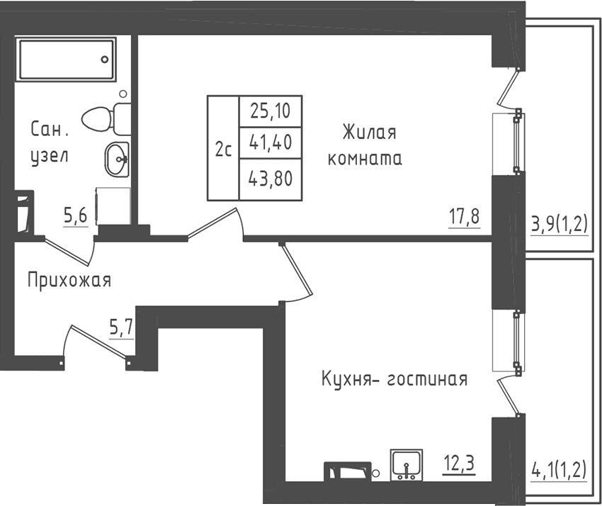 Планировка: 1-комнатная квартира 41,8 м² в ЖК «Зеленый город»