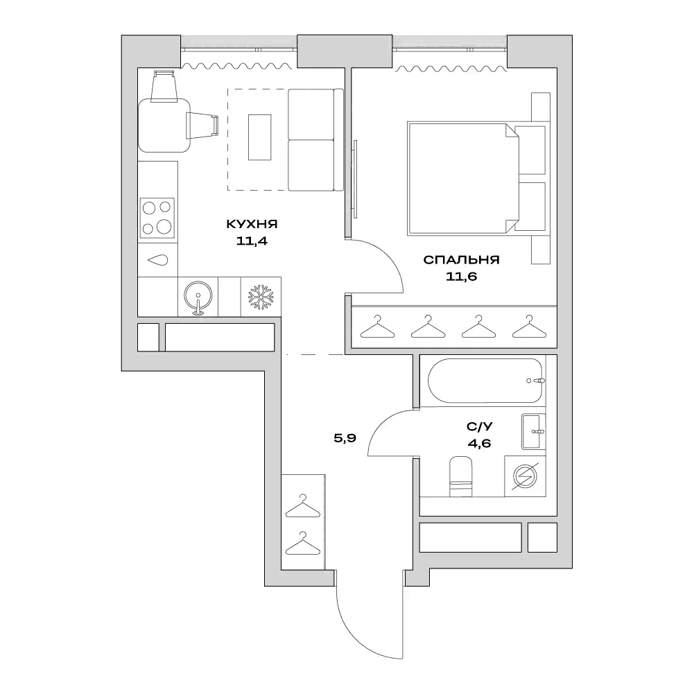 Планировка: 1-комнатная квартира 33,5 м² в ЖК «Детали»