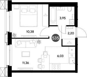 Планировка: Евродвушка 33,9 м² в ЖК «ЭВО»