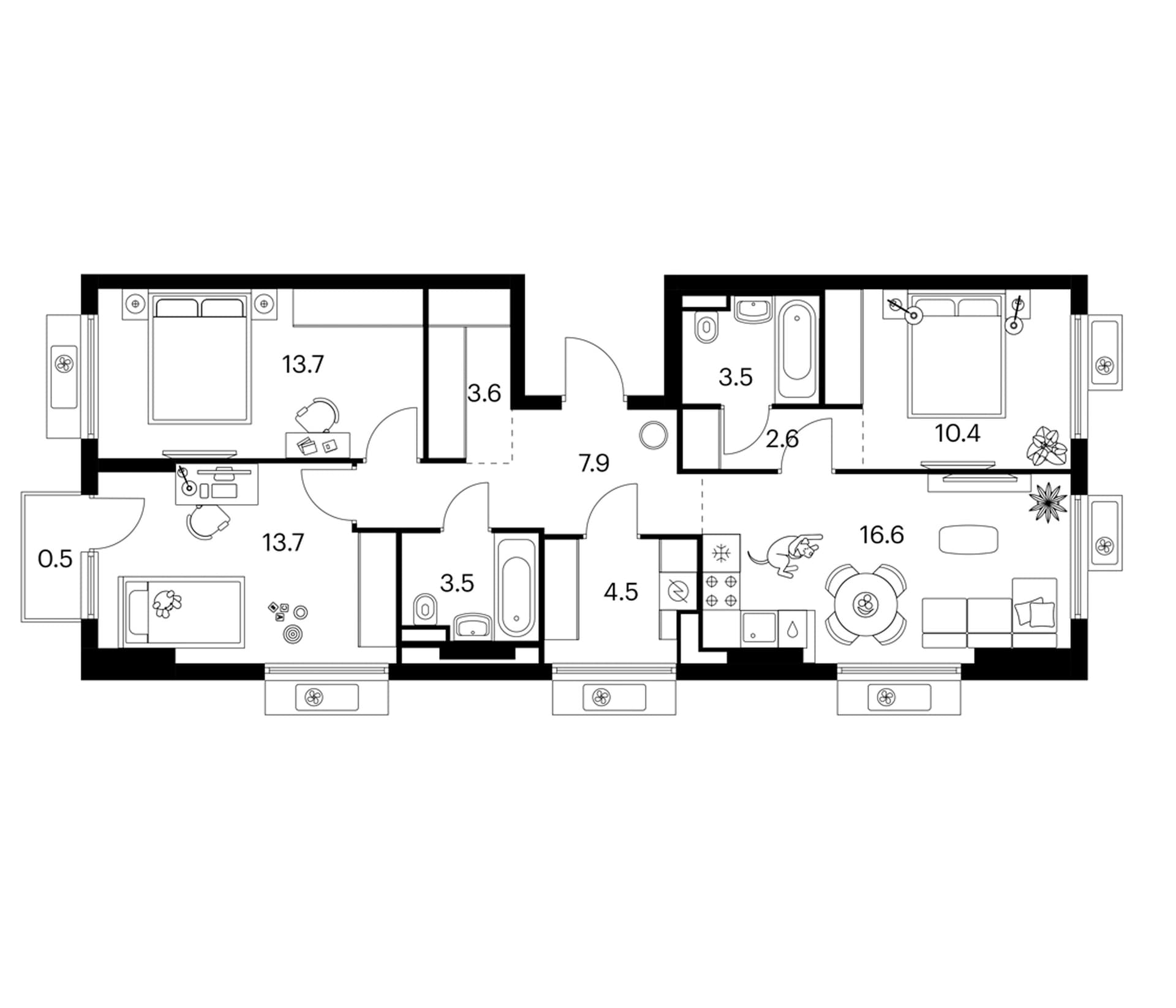 Планировка: 3-комнатная квартира 80 м² в ЖК «Белая Дача парк»