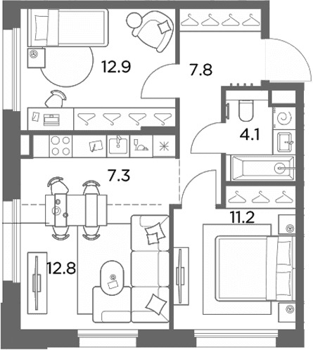 Планировка: Евротрёшка 56,1 м² в ЖК «Станиславский»