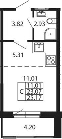 Планировка: Студия 23,1 м² в ЖК «Полис Новоселье»