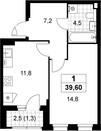 Планировка: 1-комнатная квартира 38,3 м² в ЖК «Деснаречье»