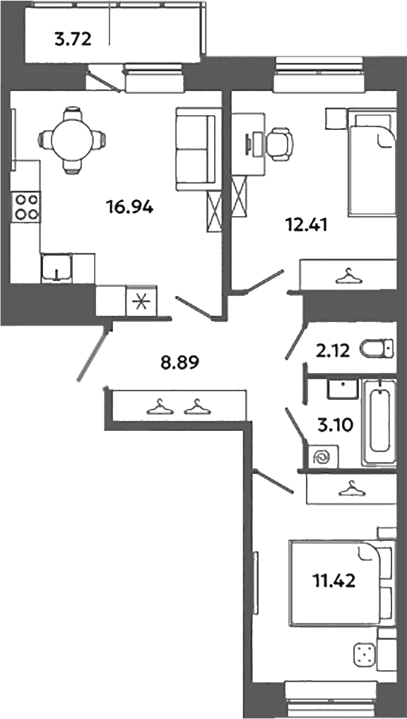 Планировка: Евротрёшка 54,9 м² в ЖК «Загляденье»
