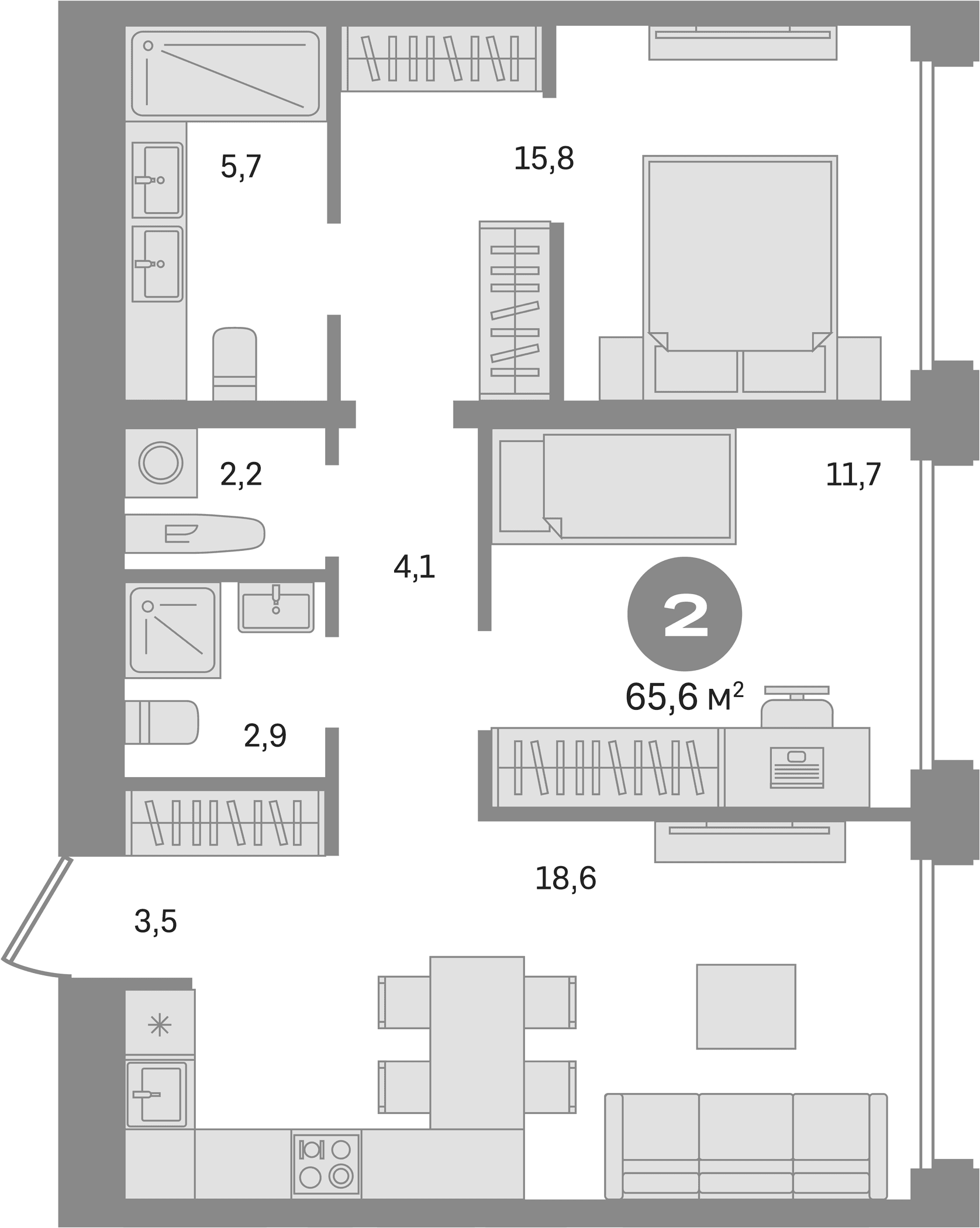 Планировка: 2-комнатная квартира 65,6 м² в ЖК «Дом А»